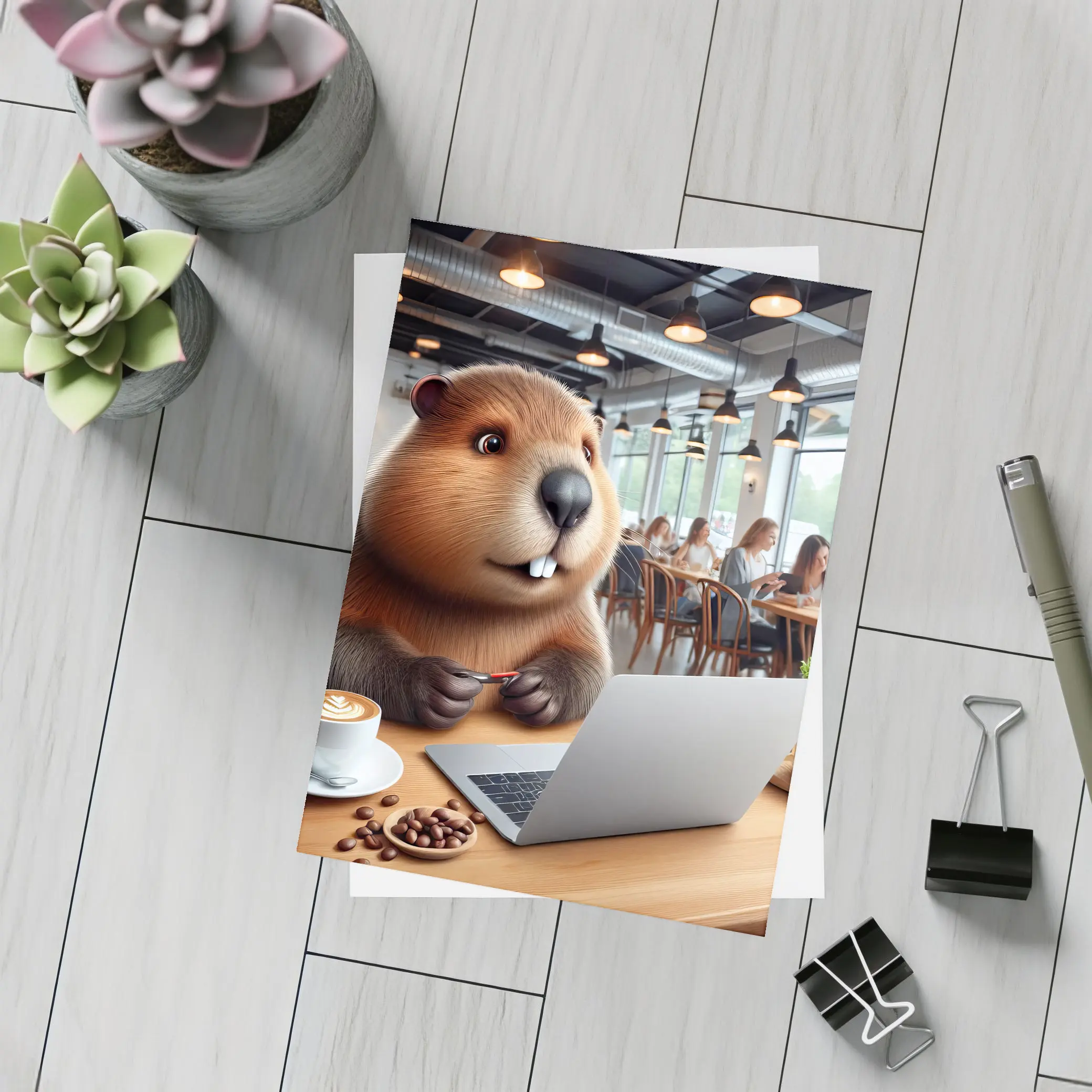 Beaver Working on Laptop in Cafe – Postcards