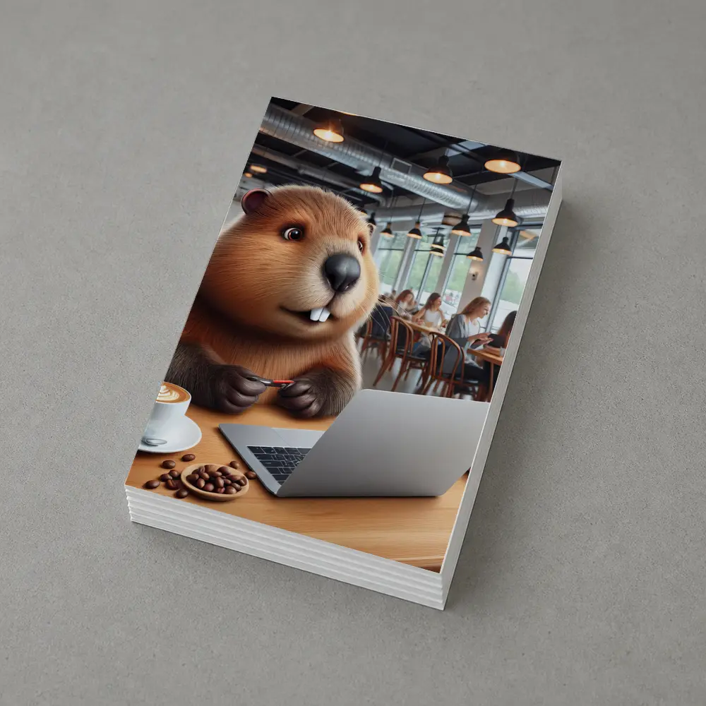 Beaver Working on Laptop in Cafe – Postcards