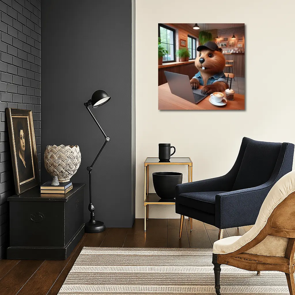 Beaver Working Laptop Coffee Shop Cartoon – Wall Art