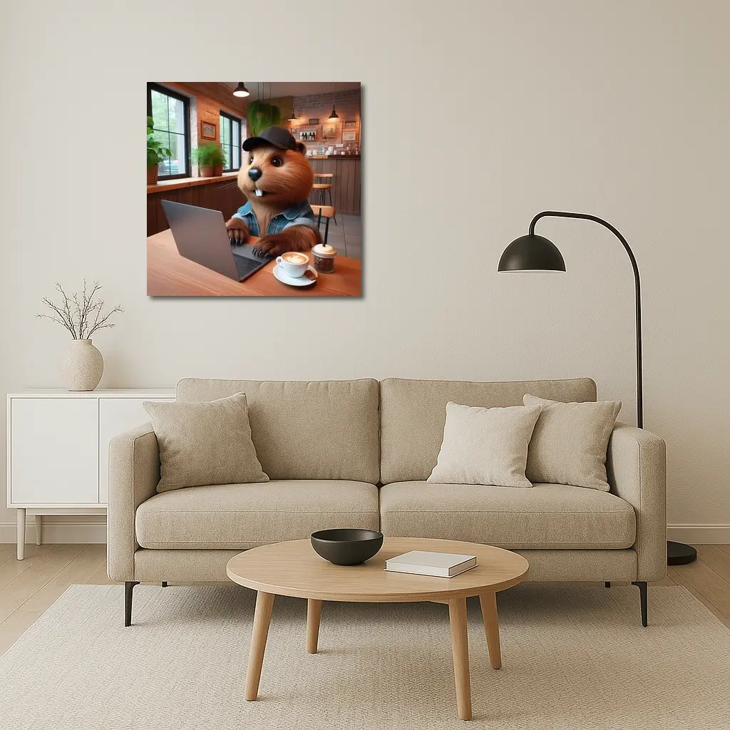 Beaver Working Laptop Coffee Shop Cartoon – Wall Art