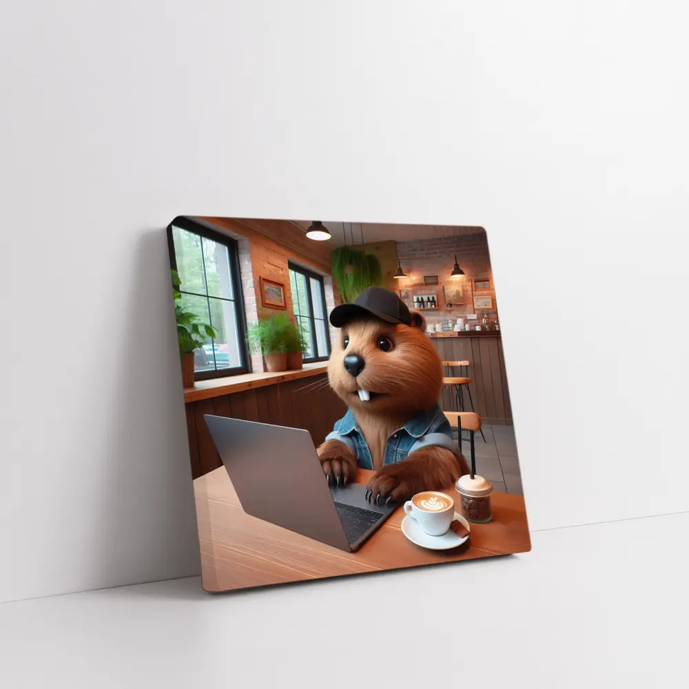 Beaver Working Laptop Coffee Shop Cartoon – Wall Art