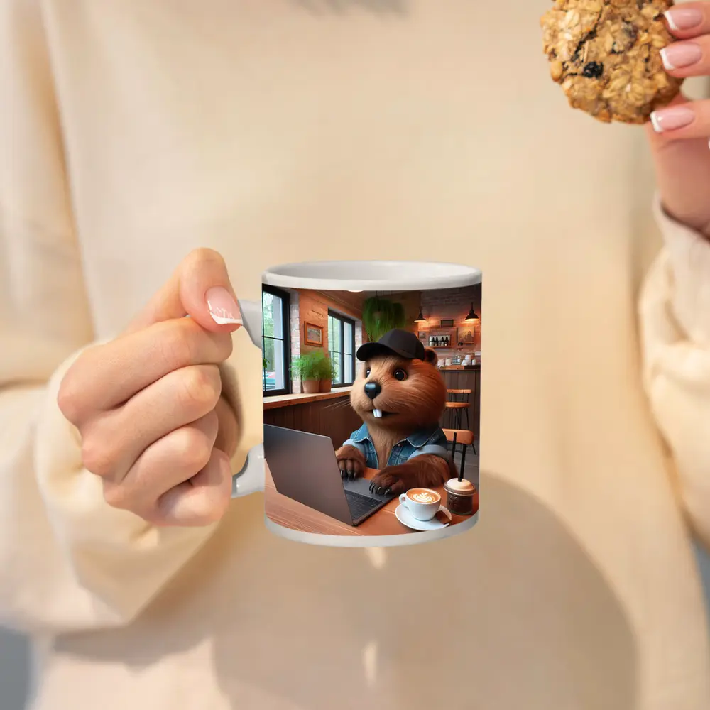 Beaver Working Laptop Coffee Shop Cartoon – Mugs