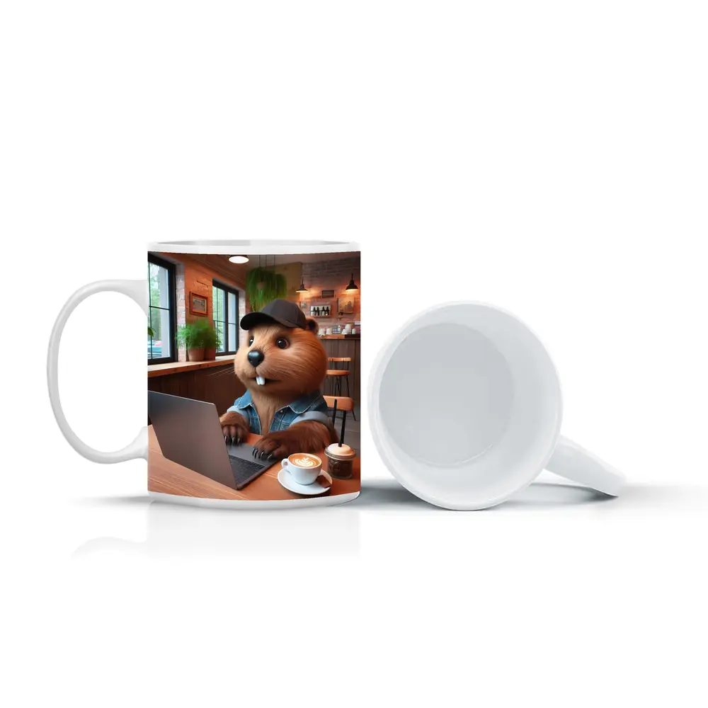 Beaver Working Laptop Coffee Shop Cartoon – Mugs