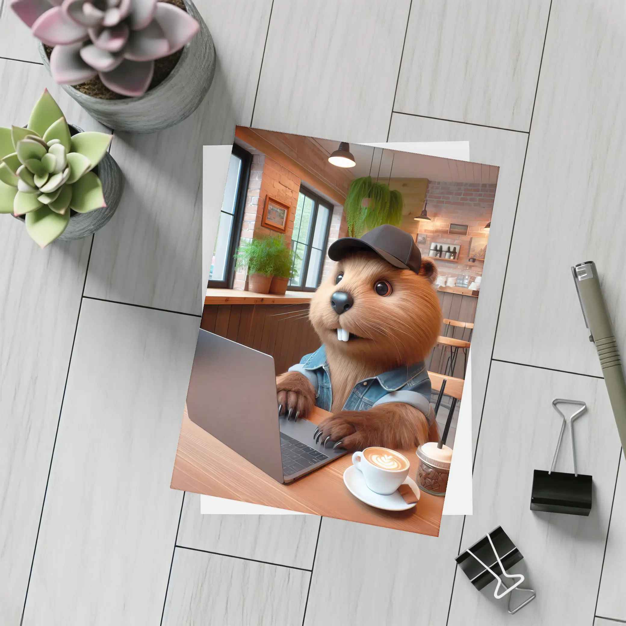 Beaver Working Laptop Coffee Shop Cartoon – Postcards