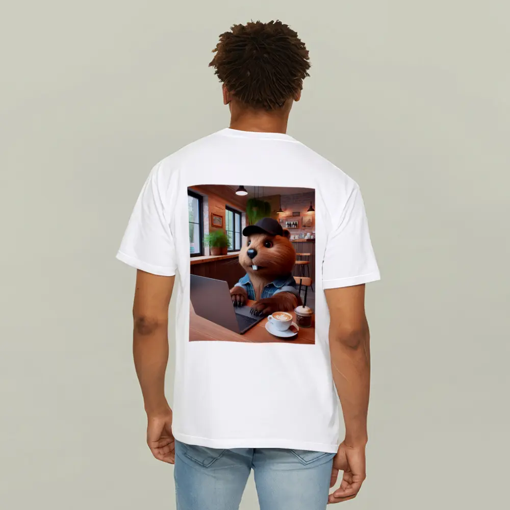 Beaver Working Laptop Coffee Shop Cartoon – T-Shirts