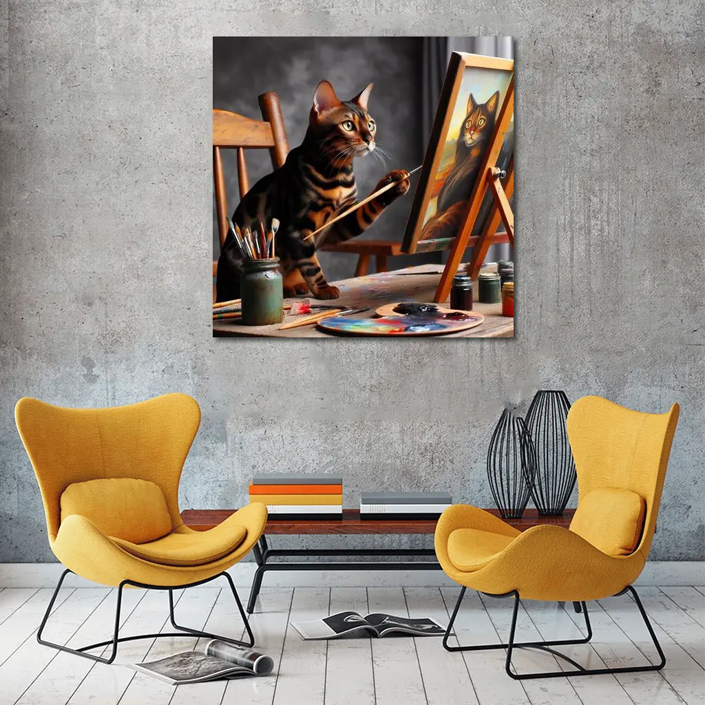 Bengal Cat Painting Self Portrait On Easel – Wall Art