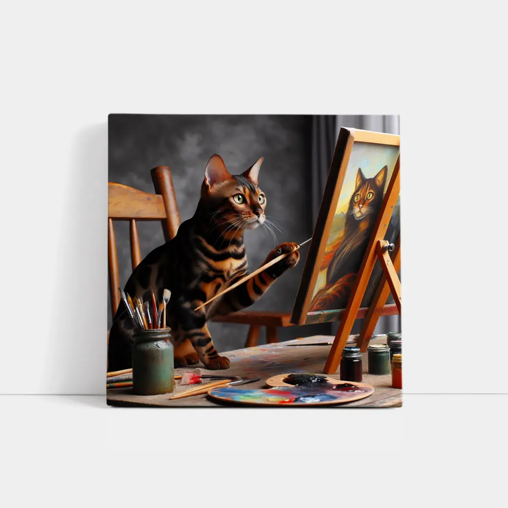 Bengal Cat Painting Self Portrait On Easel – Wall Art