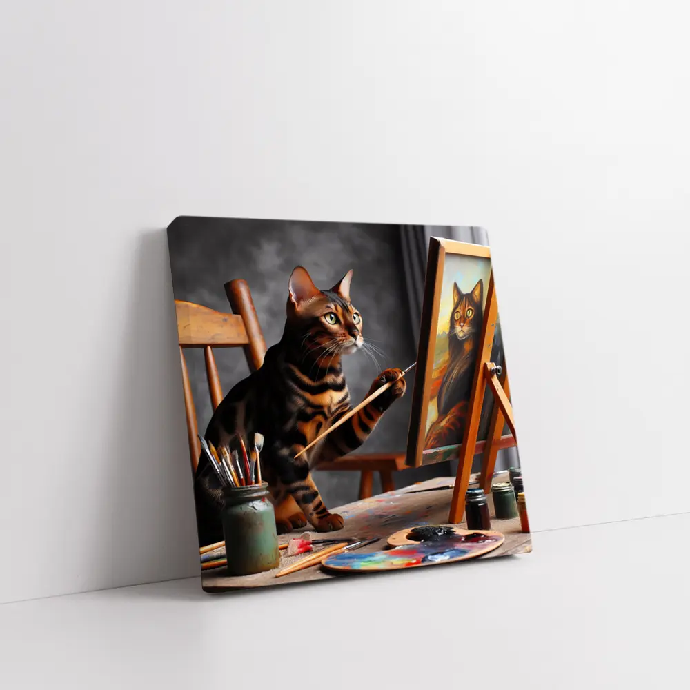 Bengal Cat Painting Self Portrait On Easel – Wall Art