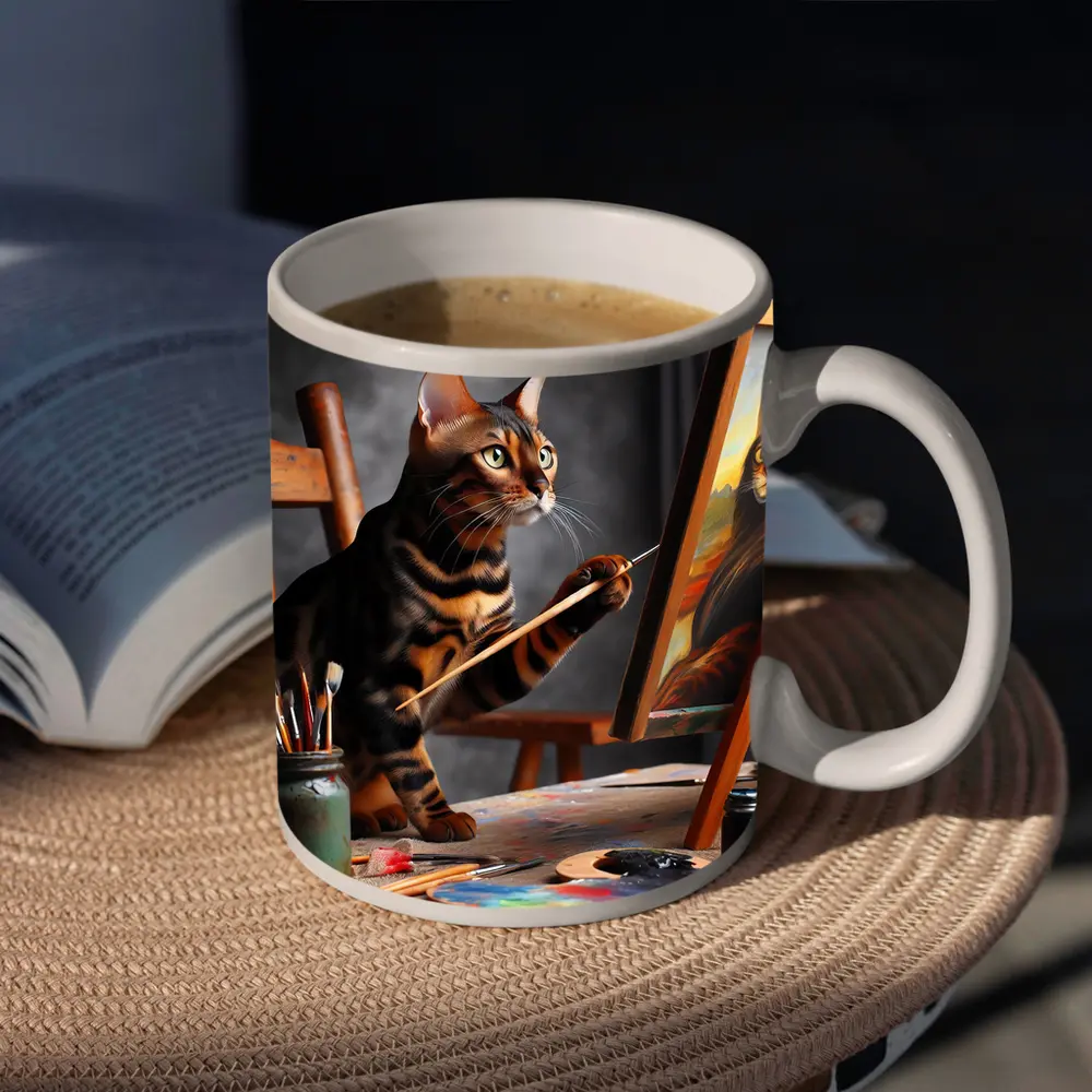Bengal Cat Painting Self Portrait On Easel – Mugs