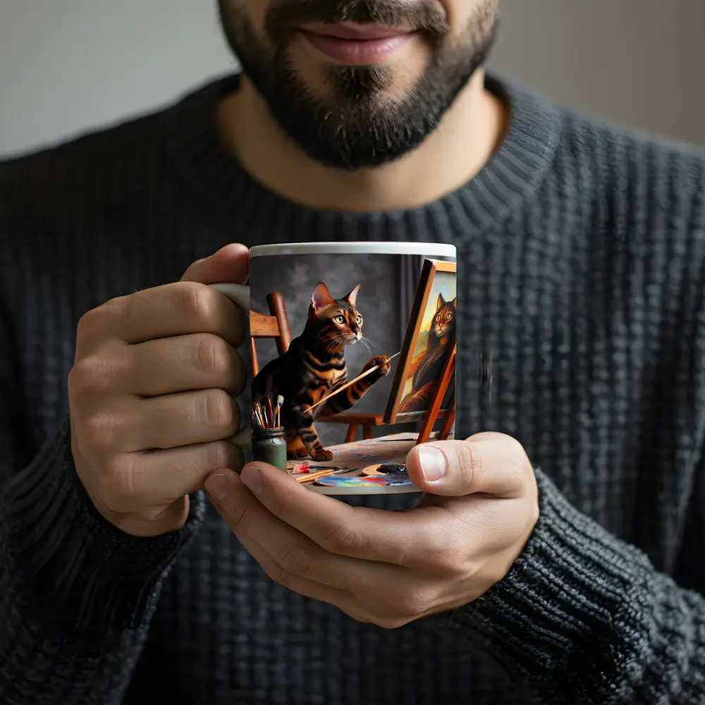 Bengal Cat Painting Self Portrait On Easel – Mugs