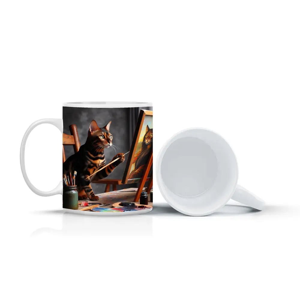 Bengal Cat Painting Self Portrait On Easel – Mugs