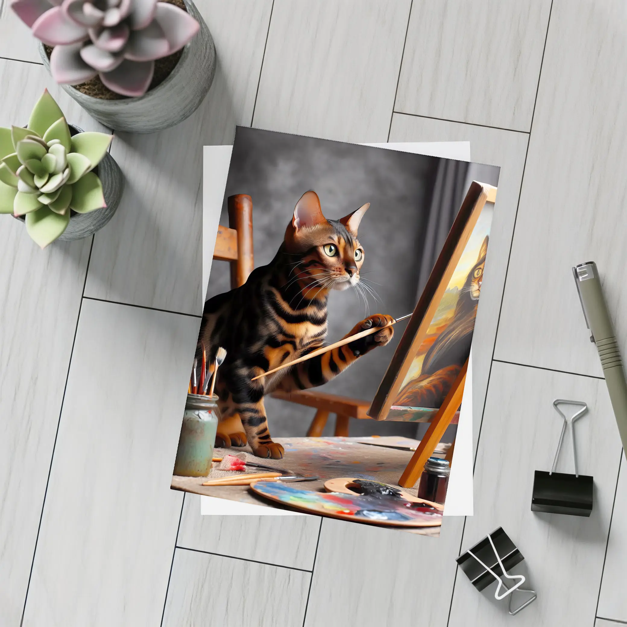 Bengal Cat Painting Self Portrait On Easel – Postcards