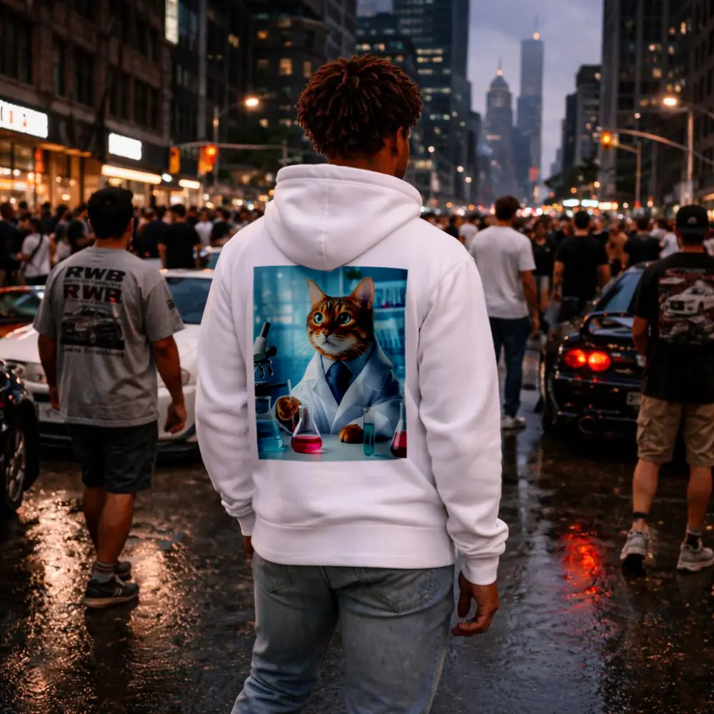 Bengal Cat Scientist In Laboratory Setting – Hoodies