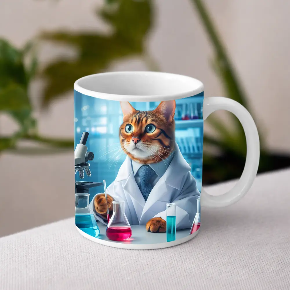 Bengal Cat Scientist In Laboratory Setting – Mugs