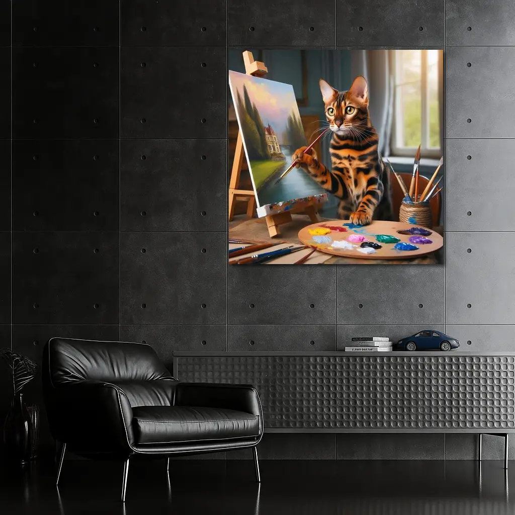 Bengal Cat Artist Painting on Easel – Wall Art