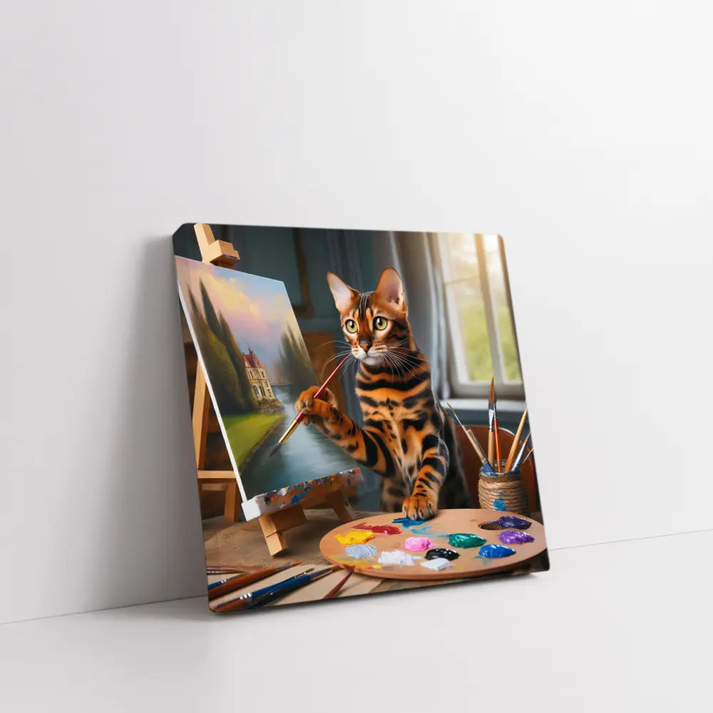 Bengal Cat Artist Painting on Easel – Wall Art
