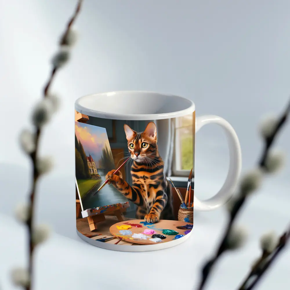 Bengal Cat Artist Painting on Easel – Mugs
