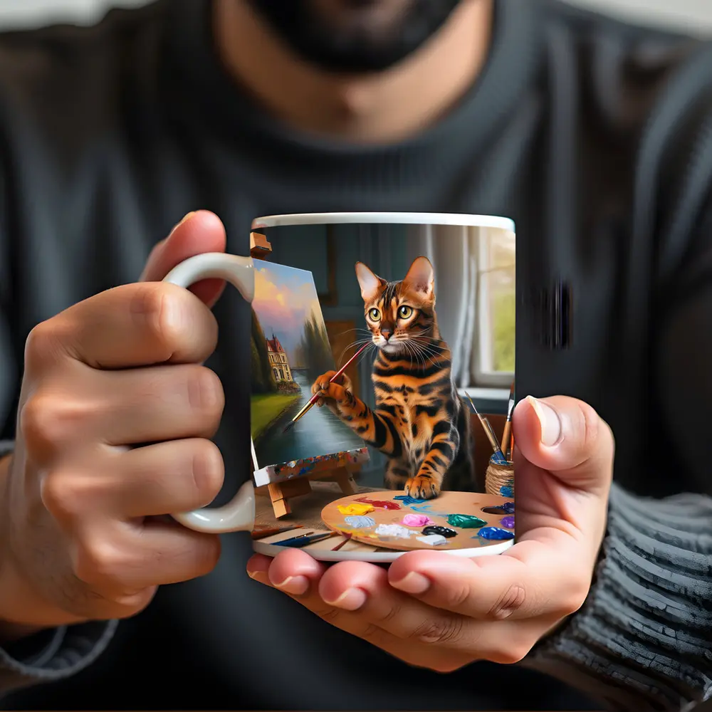 Bengal Cat Artist Painting on Easel – Mugs