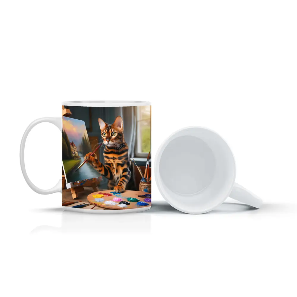 Bengal Cat Artist Painting on Easel – Mugs
