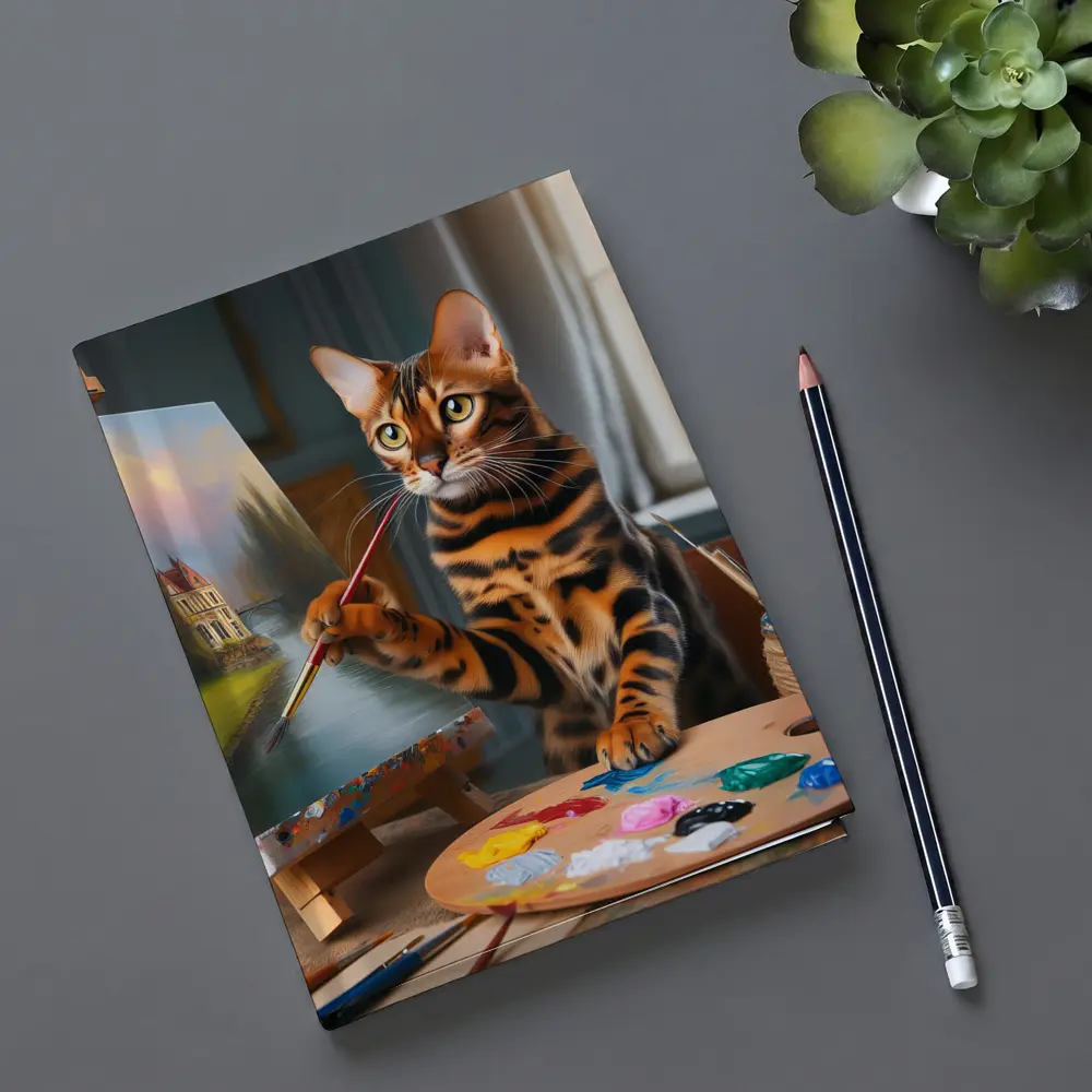 Bengal Cat Artist Painting on Easel – Notebooks