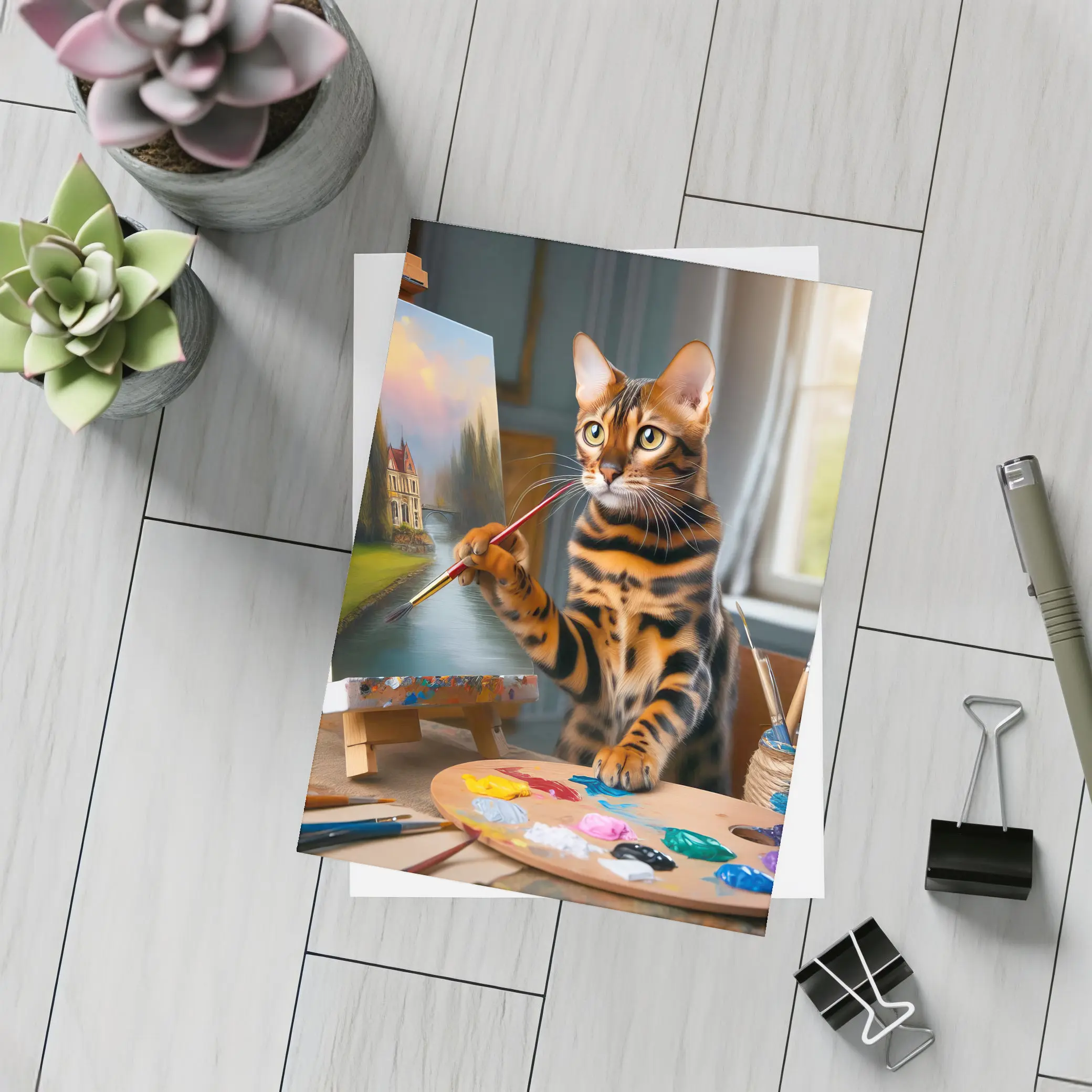 Bengal Cat Artist Painting on Easel – Postcards