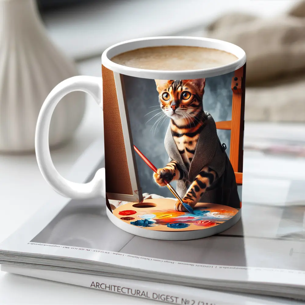 Bengal Cat Artist Painting on Canvas – Mugs