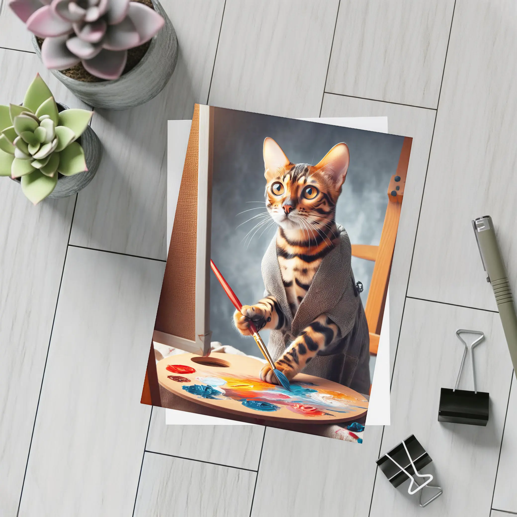 Bengal Cat Artist Painting on Canvas – Postcards