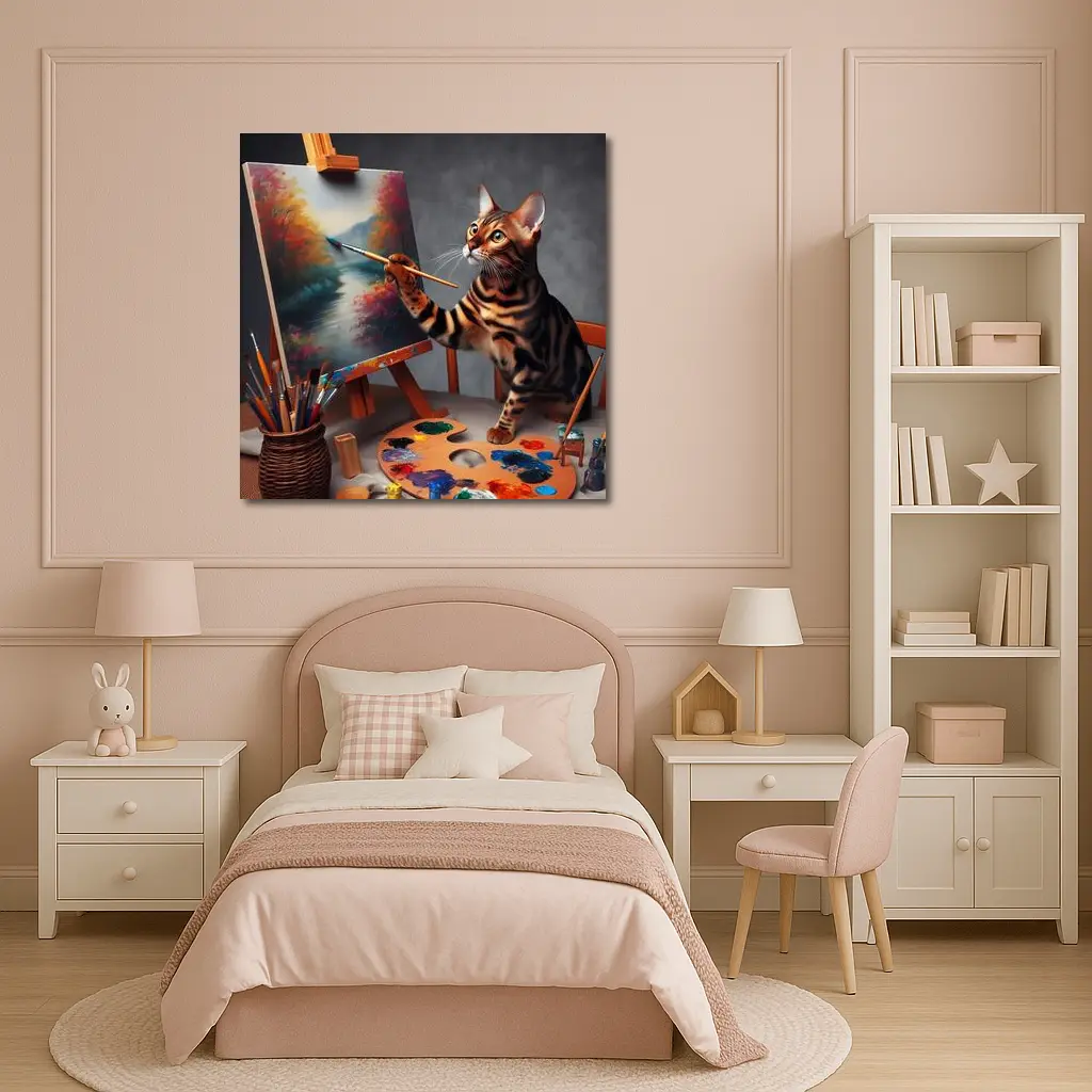 Bengal Cat Artist Painting on Easel – Wall Art