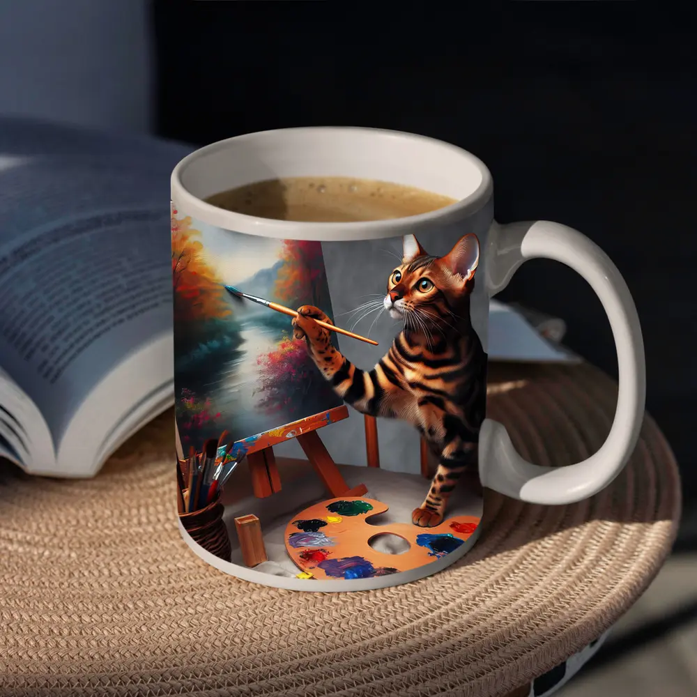 Bengal Cat Artist Painting on Easel – Mugs