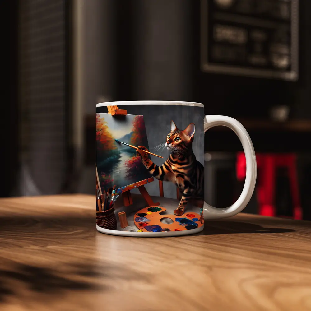 Bengal Cat Artist Painting on Easel – Mugs