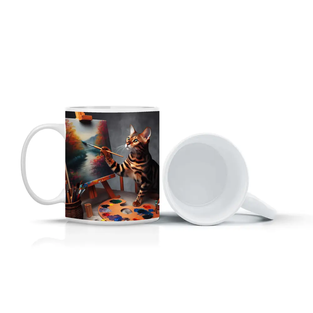 Bengal Cat Artist Painting on Easel – Mugs
