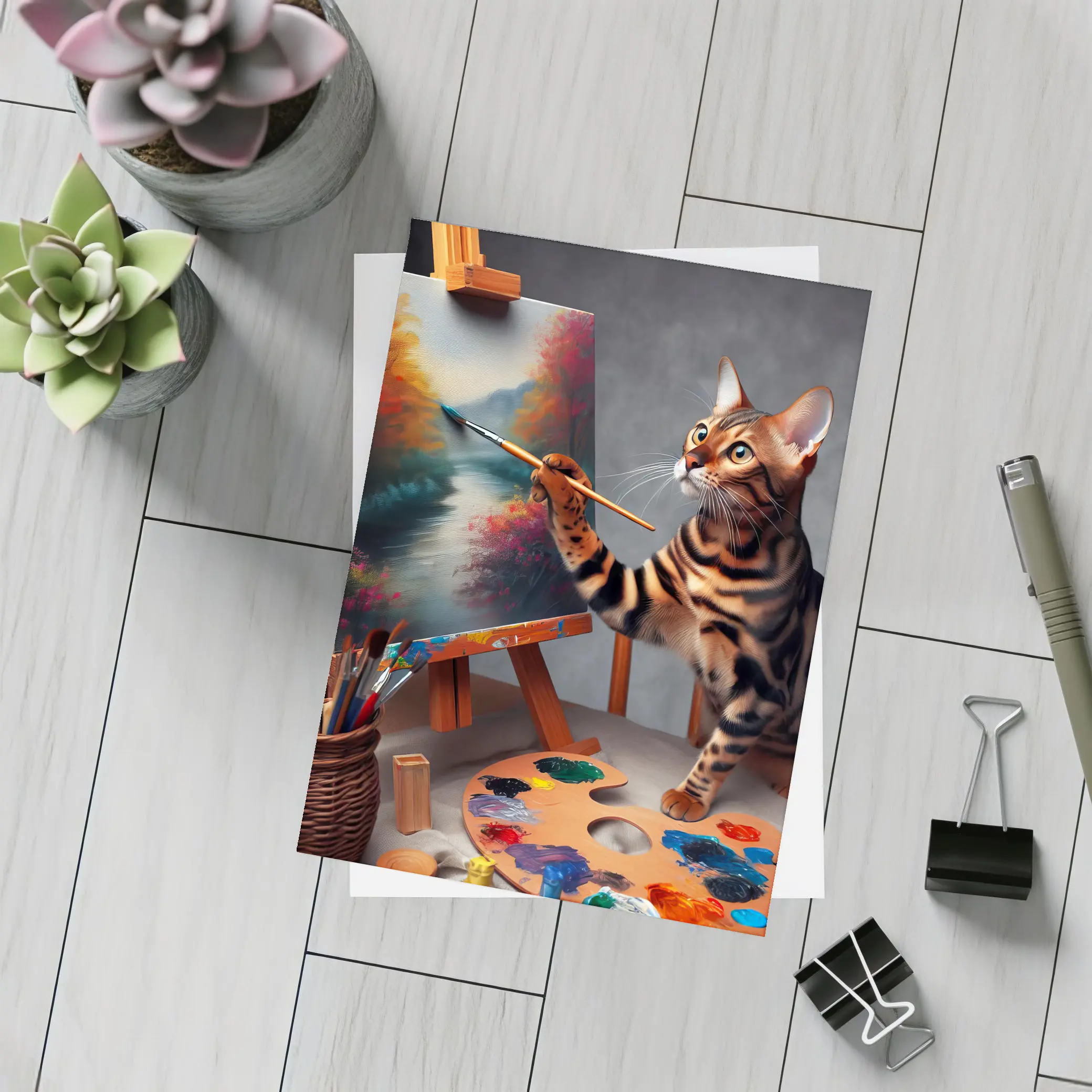 Bengal Cat Artist Painting on Easel – Postcards