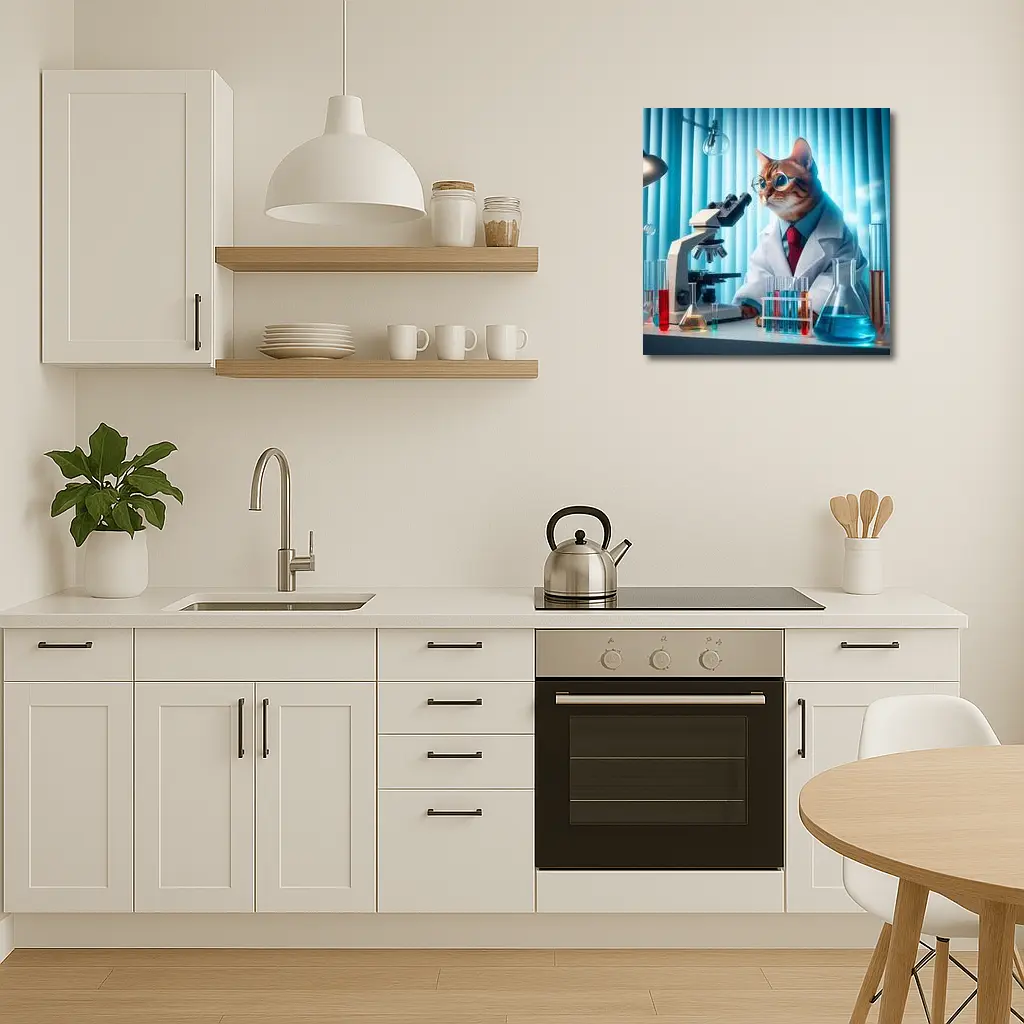Cat Scientist In Laboratory With Microscope – Wall Art
