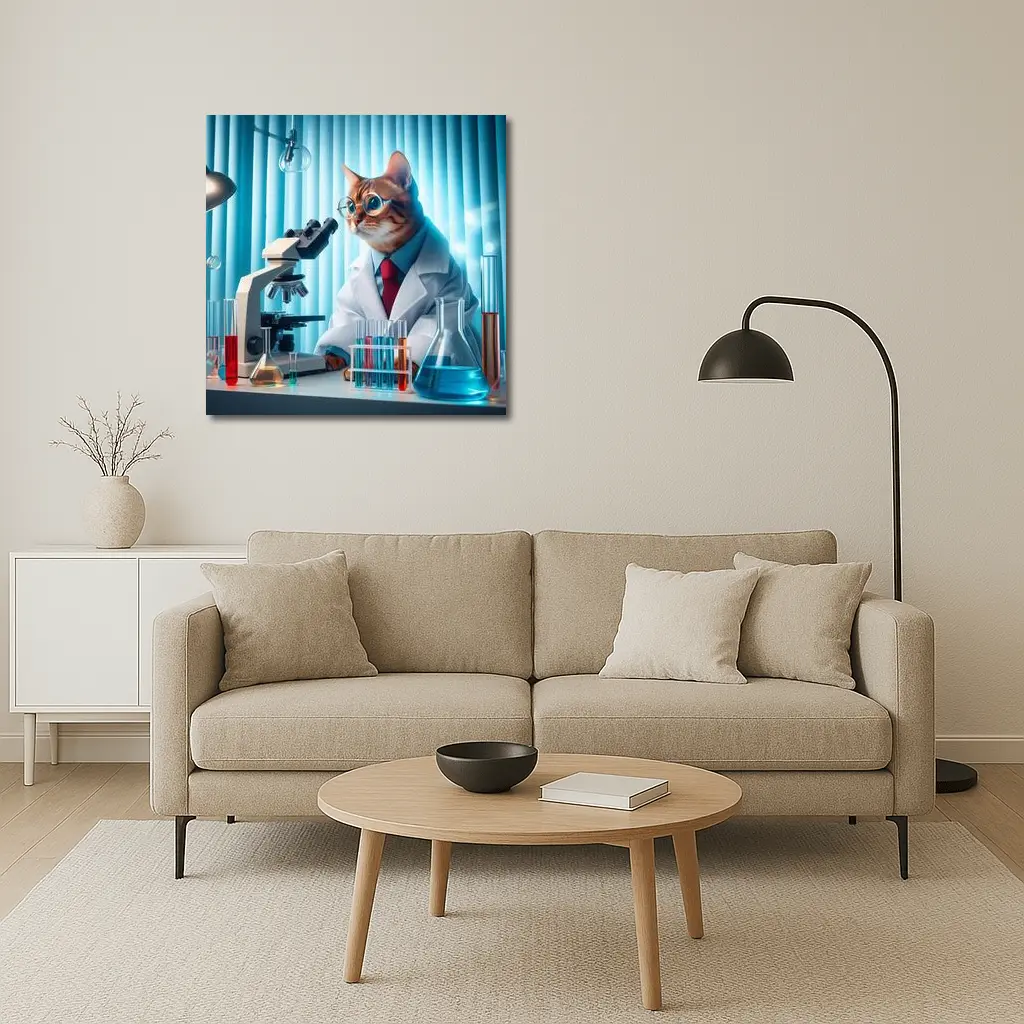 Cat Scientist In Laboratory With Microscope – Wall Art