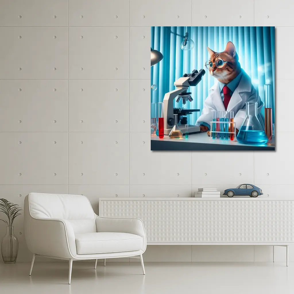 Cat Scientist In Laboratory With Microscope – Wall Art