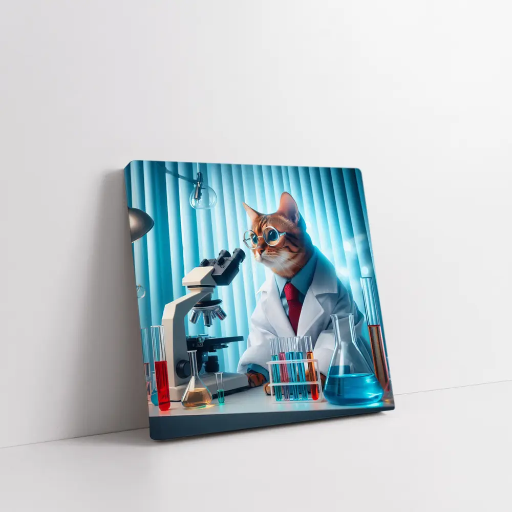 Cat Scientist In Laboratory With Microscope – Wall Art