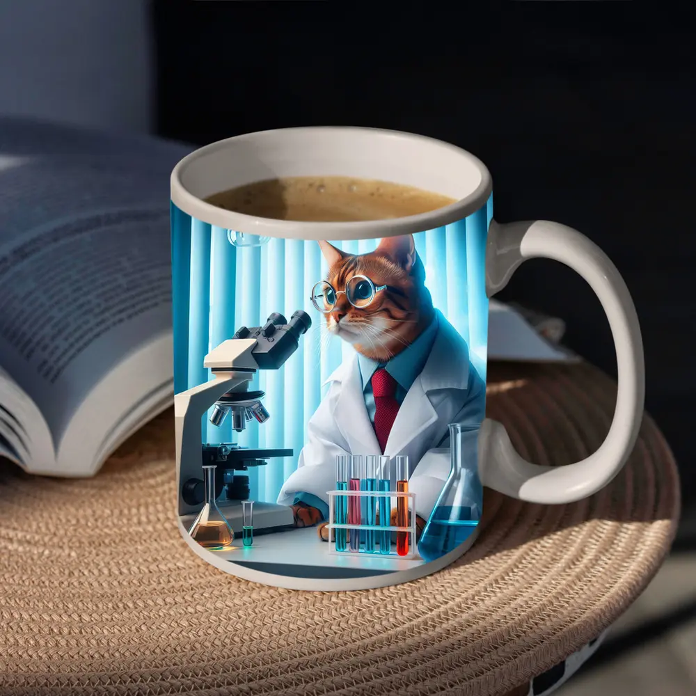 Cat Scientist In Laboratory With Microscope – Mugs
