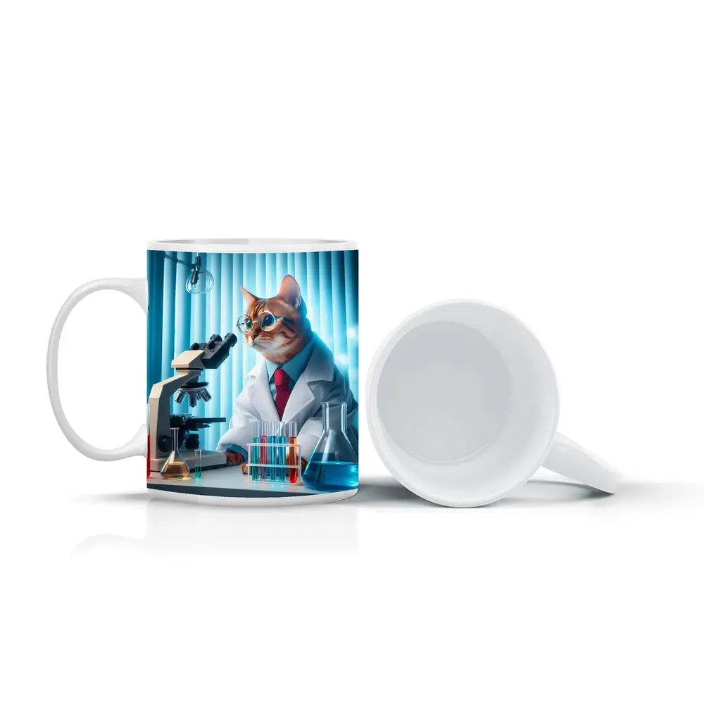 Cat Scientist In Laboratory With Microscope – Mugs