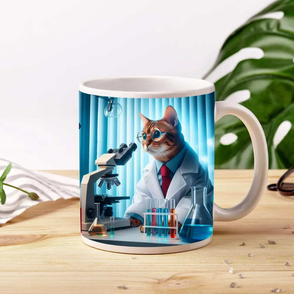 Cat Scientist In Laboratory With Microscope – Mugs