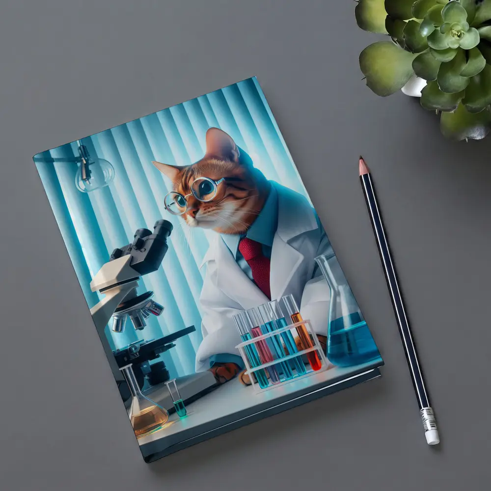 Cat Scientist In Laboratory With Microscope – Notebooks