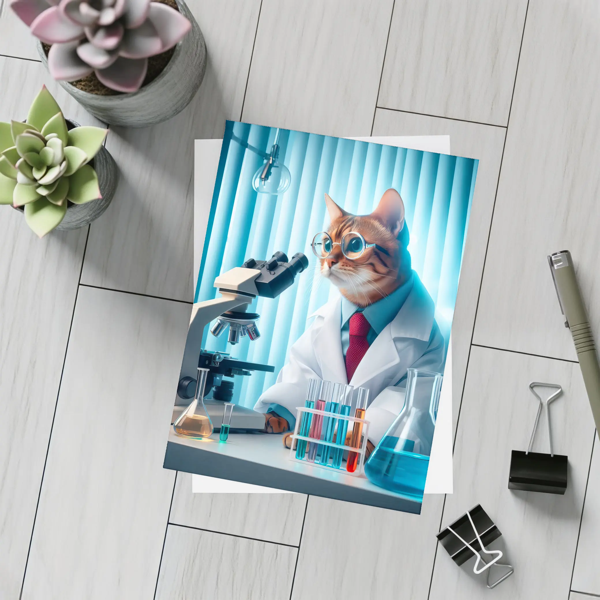 Cat Scientist In Laboratory With Microscope – Postcards