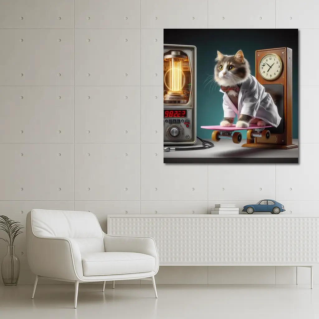 Cat Doctor Riding Skateboard With Clock – Wall Art