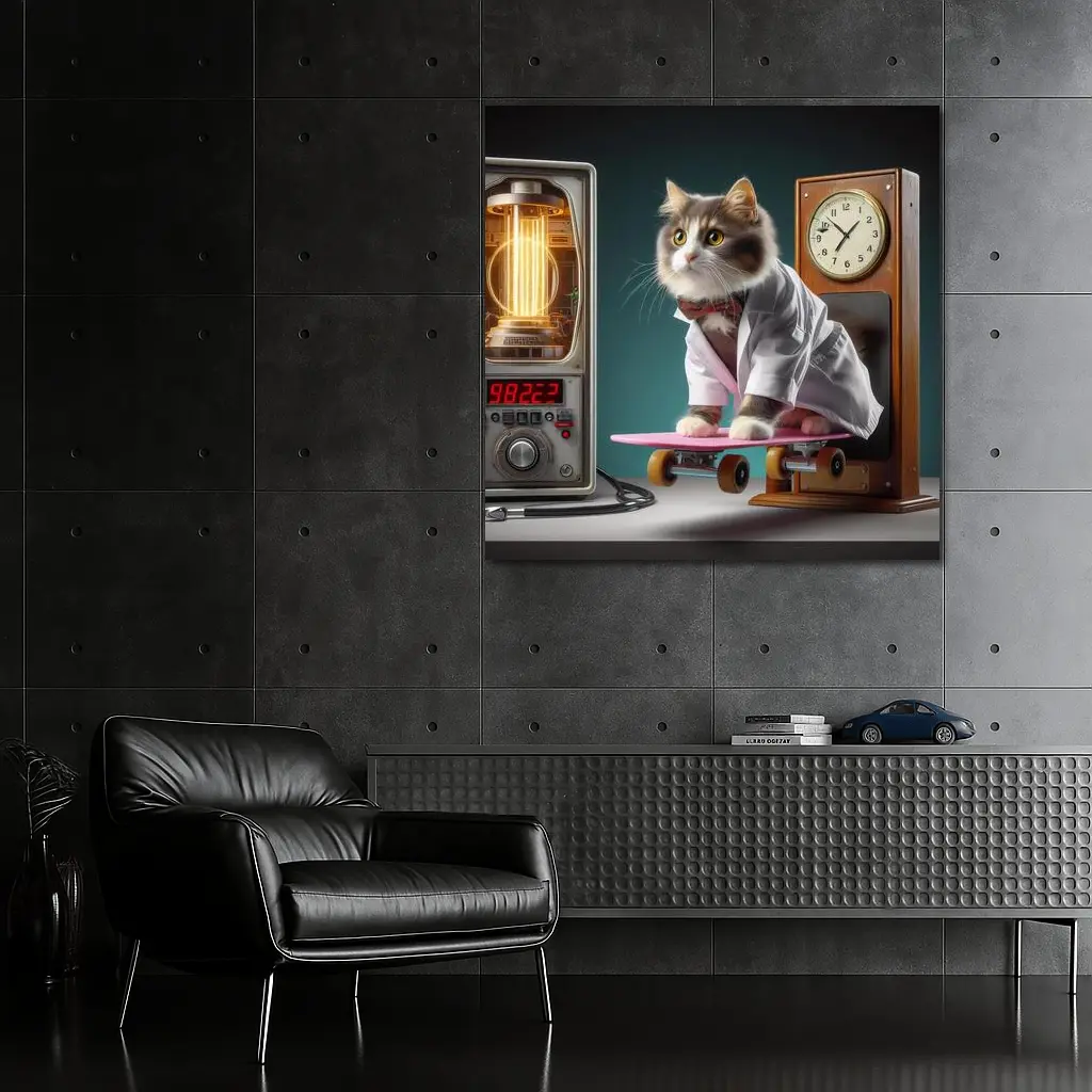 Cat Doctor Riding Skateboard With Clock – Wall Art