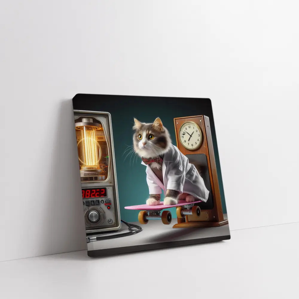 Cat Doctor Riding Skateboard With Clock – Wall Art