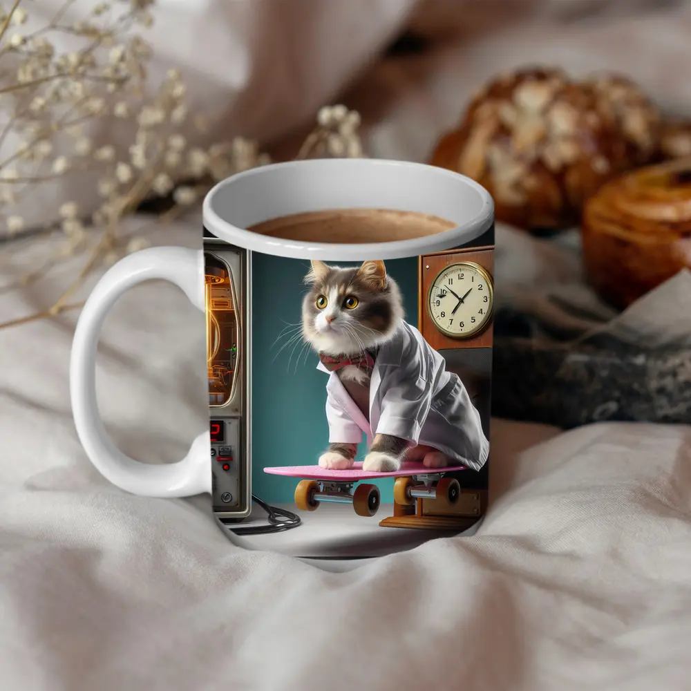 Cat Doctor Riding Skateboard With Clock – Mugs
