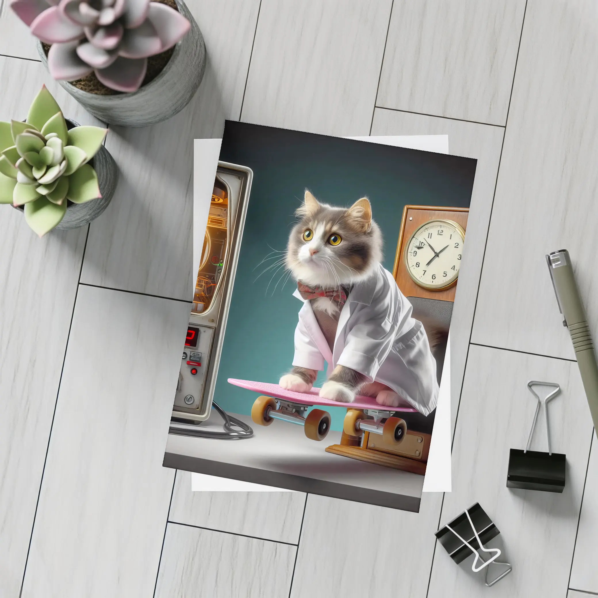 Cat Doctor Riding Skateboard With Clock – Postcards