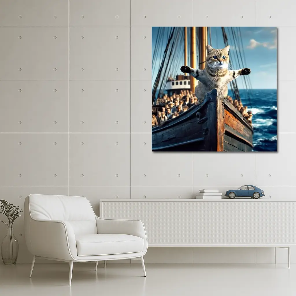 Cat Spreading Arms On Sailing Ship Bow – Wall Art