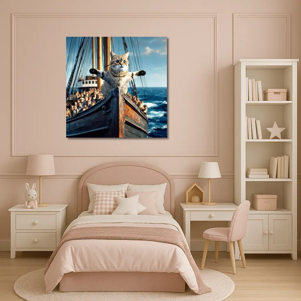 Cat Spreading Arms On Sailing Ship Bow – Wall Art