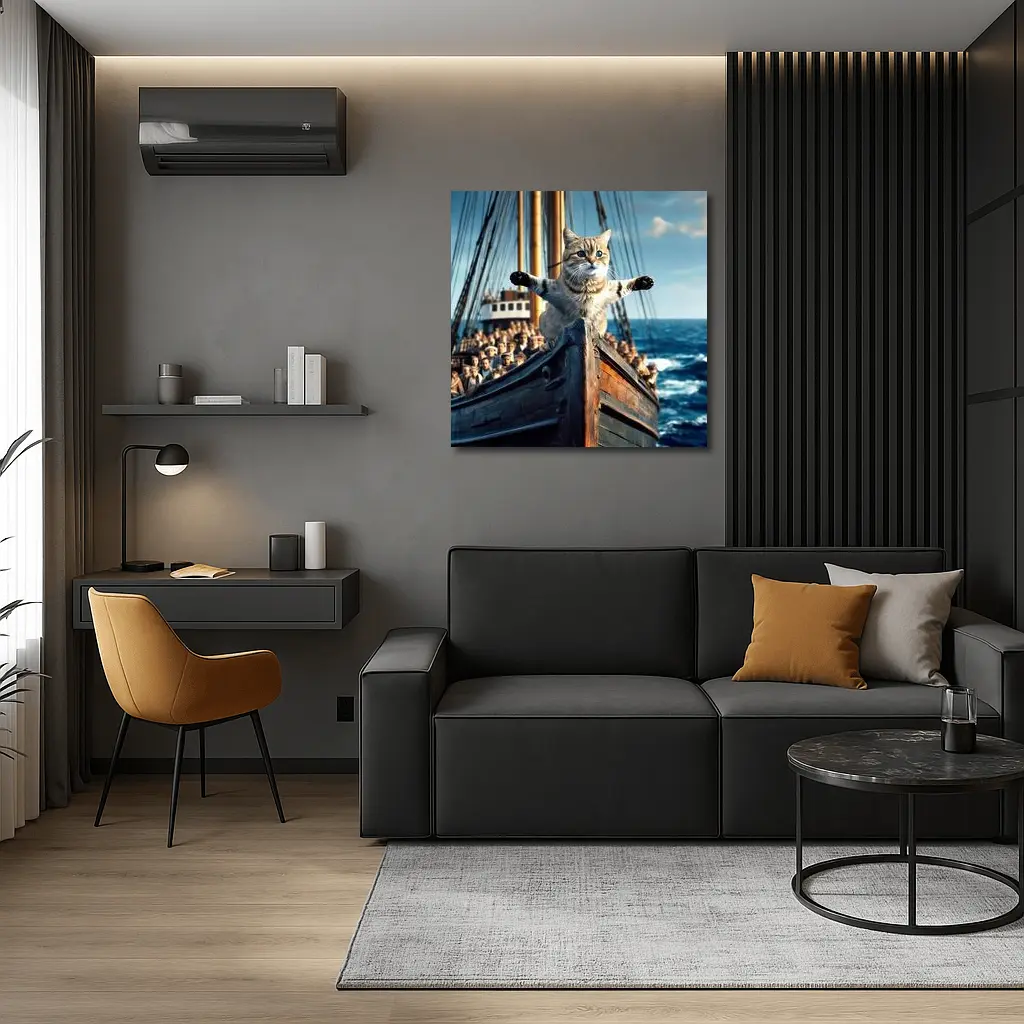 Cat Spreading Arms On Sailing Ship Bow – Wall Art