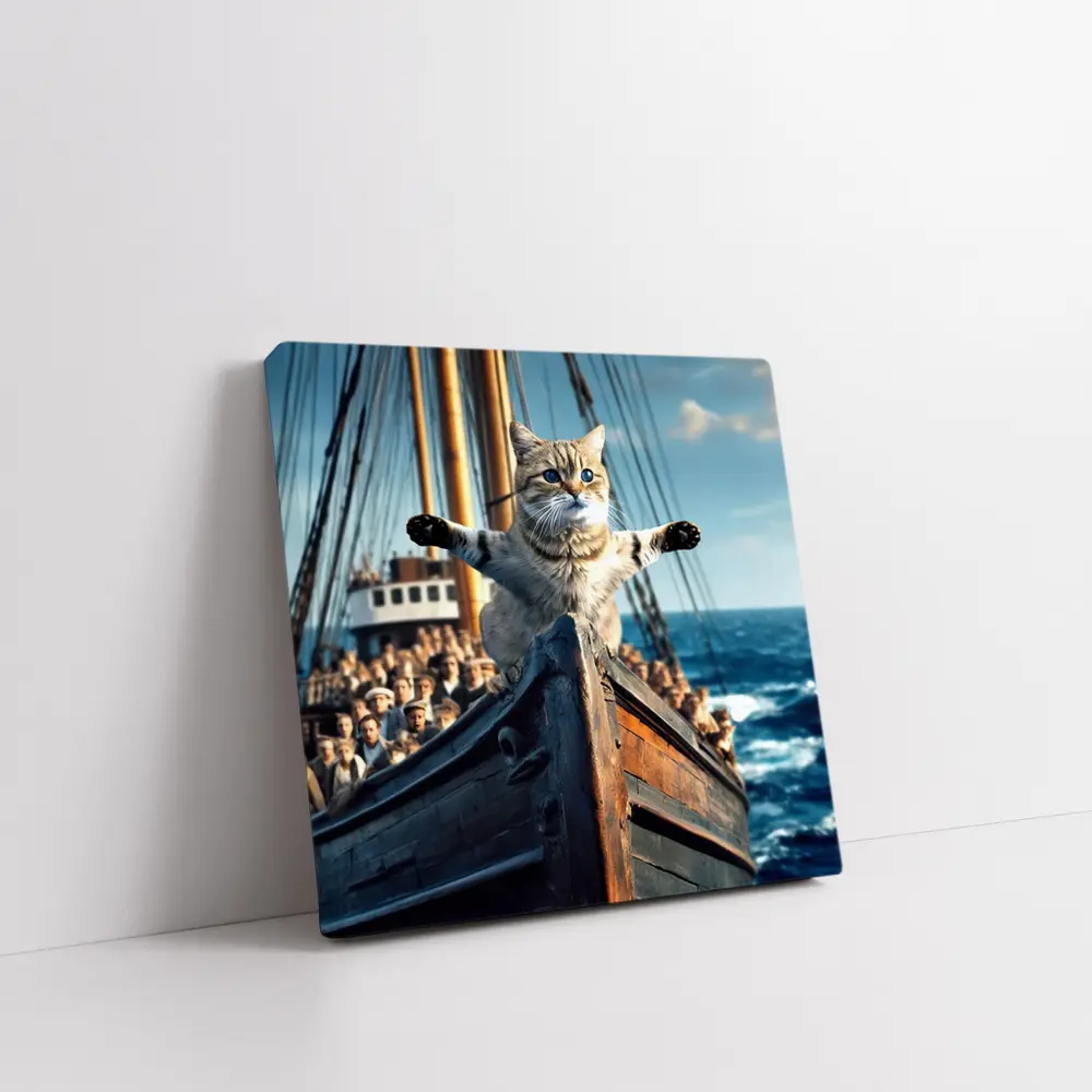 Cat Spreading Arms On Sailing Ship Bow – Wall Art